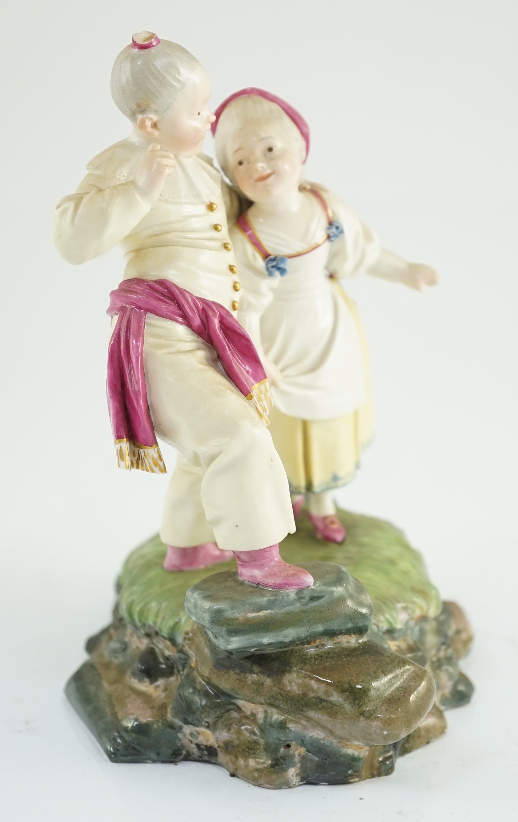 A Höchst porcelain group by Melchior, modelled as a boy and girl wearing fancy dress, c.1770, 16.5cm high, small losses, Provenance - purchased from Winifred Williams, Eastbourne/London before 1970.